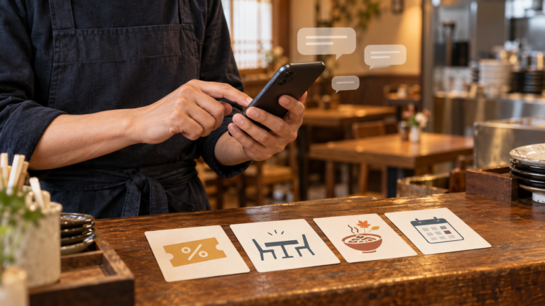 飲食店の店主が営業の合間にスマートフォンを操作し、来店客へ送るクーポンや空席、季節メニュー、営業日変更の案内を考えている様子のイメージ画像